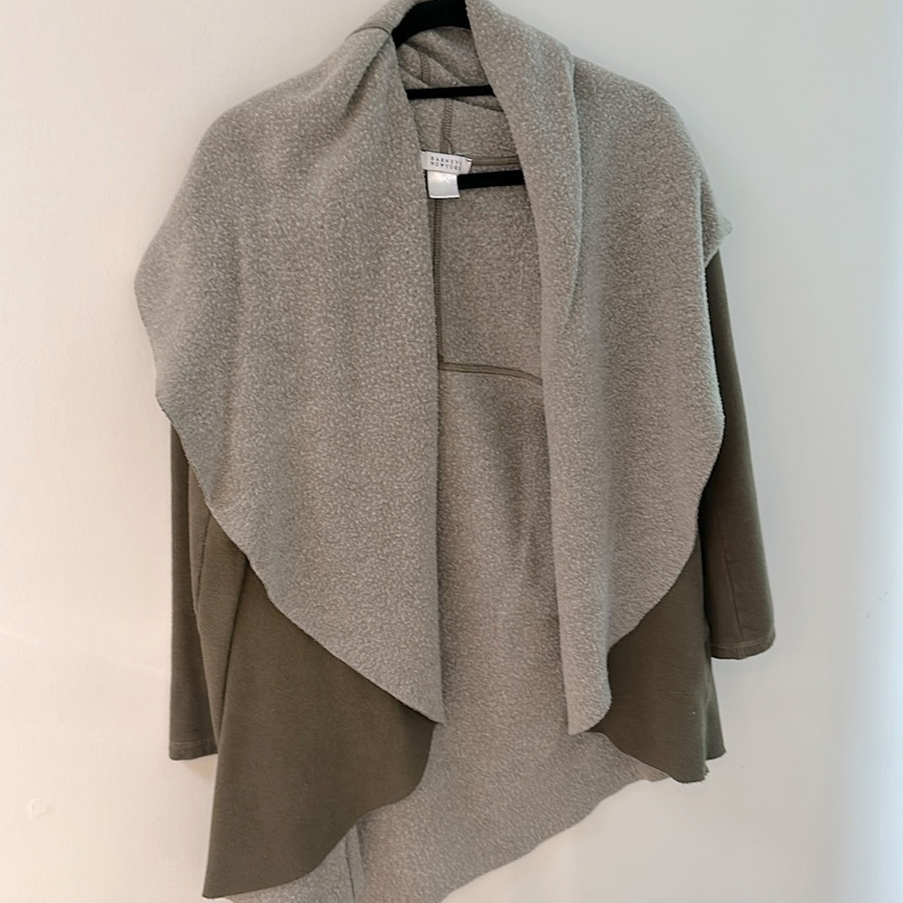 Barney’s New York shawl neck fleece sweatshirt cardigan in grey and army green